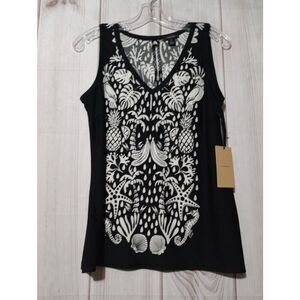 Halogen Shirt Ladies Medium Black‎ White Sleeveless Tropical